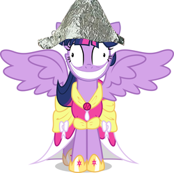 Size: 896x892 | Tagged: safe, twilight sparkle, alicorn, pony, g4, female, grin, hat, mare, paranoid, simple background, smiling, solo, spread wings, tinfoil hat, twilight snapple, twilight sparkle (alicorn), white background, wide eyes