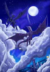 Size: 1800x2600 | Tagged: safe, artist:dalagar, derpy hooves, princess luna, oc, oc:teurus, alicorn, dragon, pegasus, pony, g4, cloud, cloudy, female, flying, mare, moon, night