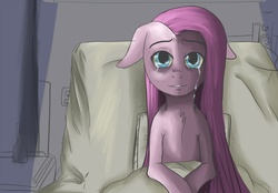 Size: 1000x696 | Tagged: safe, artist:potheadsam, pinkie pie, earth pony, pony, g4, bed, crying, female, pinkamena diane pie, solo