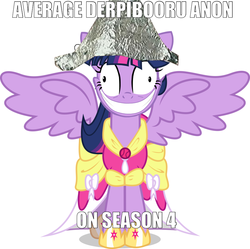 Size: 896x892 | Tagged: safe, twilight sparkle, derpibooru, g4, season 4, derp, grin, hat, impact font, meta, smiling, text, tinfoil hat, twilight snapple, twilight sparkle (alicorn)