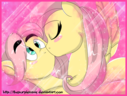 Size: 800x600 | Tagged: dead source, safe, artist:deadsmileface, fluttershy, pegasus, pony, g4, abstract background, blush sticker, blushing, butterscotch, duo, eyes closed, female, kissing, male, mare, rule 63, self ponidox, selfcest, ship:flutterscotch, shipping, stallion, straight, thick eyebrows