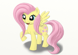 Size: 800x569 | Tagged: safe, artist:boomythemc, fluttershy, g4, eyes open, happy, open mouth, raised hoof, simple background, smiling, solo, spread wings, white background, wings