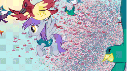 Size: 480x270 | Tagged: safe, edit, edited screencap, screencap, constance, flutter doo, bird, blue jay, pegasus, pony, songbird, g4, winter wrap up, animated, background pony, female, flock, flying, loop, mare, migration, purple mane, recolor, weather team, winter wrap up vest