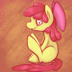 Size: 1000x1000 | Tagged: safe, artist:robynne, apple bloom, g4, apple bloom's bow, bow, full body, hair bow, looking forward, side view, sitting, solo