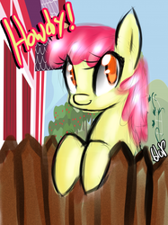 Size: 670x896 | Tagged: safe, artist:blup-chan, apple bloom, earth pony, pony, g4, barn, dialogue, female, fence, solo