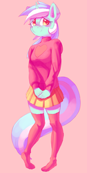 Size: 474x943 | Tagged: safe, artist:mewball, lyra heartstrings, anthro, plantigrade anthro, g4, blushing, clothes, female, pink background, simple background, skirt, smiling, solo, sweater