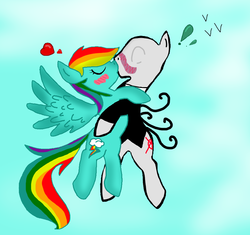 Size: 900x847 | Tagged: safe, artist:slenderdashfan, rainbow dash, pegasus, pony, g4, blushing, crack shipping, duo, female, kissing, male, shipping, slenderdash, slenderman, slendermane, straight