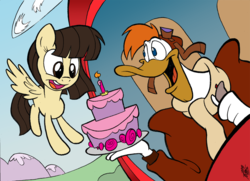 Size: 1000x724 | Tagged: safe, artist:willdrawforfood1, wild fire, pegasus, pony, g4, birthday cake, cake, crossover, darkwing duck, ducktales, flying, helicopter, launchpad mcquack, sibsy