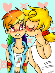 Size: 1200x1600 | Tagged: safe, artist:deadsmileface, applejack, rainbow dash, human, g4, applejack (male), belly button, blushing, cheek kiss, duo, female, half r63 shipping, humanized, kissing, lip bite, male, midriff, rule 63, ship:appledash, ship:rainbowjack, shipping, straight