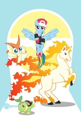 Size: 400x613 | Tagged: safe, artist:alienfirst, rainbow dash, rapidash, turtwig, victini, g4, crossover, pokémon