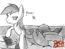 Size: 900x675 | Tagged: safe, artist:xxxsketchbookxxx, rainbow dash, g4, computer mouse, folded wings, full body, keyboard, monochrome, simple background, solo, white background, wings