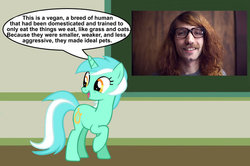 Size: 887x588 | Tagged: safe, lyra heartstrings, pony, unicorn, g4, chalkboard, dialogue, human studies101 with lyra, meme, open mouth, raised hoof, smiling, truth, vegan