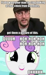 Size: 412x665 | Tagged: safe, sweetie belle, g4, caption, drop dead fred, faic, image macro, nostalgia critic, roflbot, smiling, text