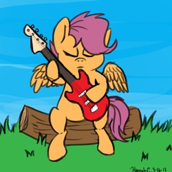 Size: 1440x1440 | Tagged: safe, artist:radhannah, scootaloo, pony, g4, bass guitar, eyes closed, female, log, musical instrument, scootabass, sitting, solo