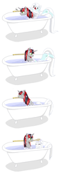 Size: 784x2312 | Tagged: safe, artist:celerypony, oc, oc only, oc:celery, oc:silver screen, pony, unicorn, bath, bathing, bathtub, brush, bubble, celery, claw foot bathtub, clean, cute, eyes closed, floppy ears, frown, hair physics, long tail, mane physics, mouth hold, mutual bathing, simple background, smiling, soap, water, wet, wet mane, white background, yearly bath