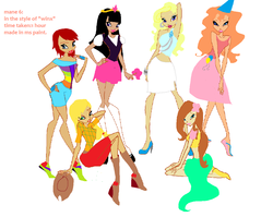 Size: 1121x891 | Tagged: safe, artist:queen luna/luna the great, applejack, fluttershy, pinkie pie, rainbow dash, rarity, twilight sparkle, human, g4, clothes, humanized, mane six, midriff, skirt, tiara, winx, winx club, winxified