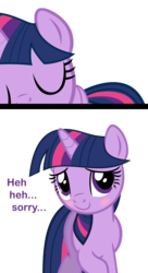 Size: 1031x1897 | Tagged: safe, twilight sparkle, pony, unicorn, g4, bronybait, embarrassed, female, kissing, mare, offscreen character, pov, smooch, solo, text, unicorn twilight