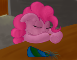 Size: 1013x788 | Tagged: safe, artist:ahrimatt, pinkie pie, earth pony, pony, g4, door, ears back, eyes closed, female, hat, mare, party hat, solo, table