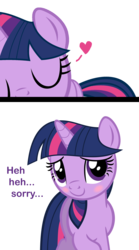 Size: 1031x1860 | Tagged: safe, twilight sparkle, pony, unicorn, g4, blushing, bronybait, cute, dialogue, embarrassed, female, heart, kissing, mare, offscreen character, pov, smooch, solo, text, twiabetes, unicorn twilight