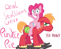 Size: 1000x800 | Tagged: safe, artist:notapseudonym, big macintosh, pinkie pie, earth pony, pony, g4, duo, male, ponies riding ponies, riding, stallion