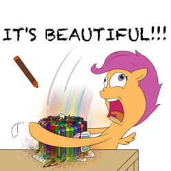 Size: 1000x1000 | Tagged: dead source, safe, artist:wripple, scootaloo, pegasus, pony, g4, close enough, crayon, derp, female, filly, glitter, glue, nailed it, open mouth, paintbrush, paper, pencil, scootaderp, simple background, solo, transparent background