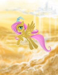 Size: 800x1038 | Tagged: safe, artist:imanika, angel bunny, fluttershy, pegasus, pony, rabbit, g4, animal, female, flying, mare