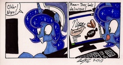 Size: 1467x772 | Tagged: safe, artist:newyorkx3, princess luna, g4, bait and switch, candy, computer, nips, prince artemis, rule 63, traditional art