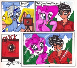 Size: 1410x1248 | Tagged: safe, artist:newyorkx3, minuette, pinkie pie, human, g4, camera, comic, self insert, traditional art