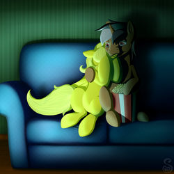 Size: 1024x1024 | Tagged: safe, artist:shrineheart, oc, oc only, oc:star sparkler, oc:ticket, alicorn, pony, alicorn oc, couch, female, male, movie, popcorn, straight, ticketsparkler