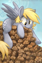 Size: 558x820 | Tagged: safe, artist:kenket, artist:spainfischer, derpy hooves, pegasus, pony, g4, cute, derpabetes, female, mare, muffin, pile, smiling, solo, spread wings, that pony sure does love muffins, traditional art, underhoof