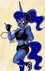 Size: 1088x1695 | Tagged: safe, artist:newyorkx3, princess luna, anthro, plantigrade anthro, g4, belly button, breasts, cleavage, clothes, exercise, female, headband, headphones, leg warmers, midriff, mp3 player, ponytail, shoes, sneakers, solo, sports bra, traditional art