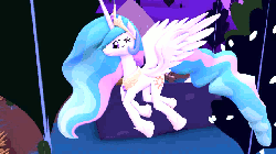 Size: 640x360 | Tagged: safe, artist:adamata64, princess celestia, alicorn, pony, g4, 3d, animated, explosion, female, flying, let's fly to the castle, mare, mood whiplash, now you fucked up, oh crap, smiling, solo, source filmmaker, spread wings, stupidity, too dumb to live, watch out for that door