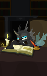 Size: 800x1280 | Tagged: safe, artist:roobles, changeling, candle, glasses, quill