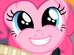 Size: 720x540 | Tagged: safe, screencap, chancellor puddinghead, pinkie pie, pony, g4, hearth's warming eve (episode), season 2, animated, brilliant face, cropped, eye shimmer, faic, female, hearth's warming eve, looking at you, smiling, solo