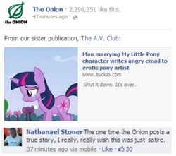 Size: 517x456 | Tagged: safe, twilight sparkle, g4, facebook, the onion