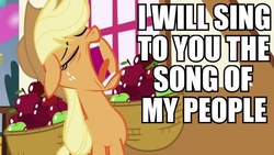 Size: 600x338 | Tagged: safe, edit, edited screencap, screencap, applejack, earth pony, pony, applebuck season, g4, female, image macro, meme, solo, song of my people