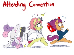 Size: 800x600 | Tagged: safe, artist:starykrow, apple bloom, scootaloo, sweetie belle, earth pony, pony, g4, ace attorney, anime, ask, askthecutiemarkcrusaders, bipedal, clothes, convention, cosplay, costume, crossover, cutie mark crusaders, faceplant, kagamine rin, kogami akira, lucky star, phoenix wright, running, vocaloid