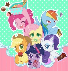 Size: 536x559 | Tagged: safe, artist:chaso, applejack, fluttershy, pinkie pie, rainbow dash, rarity, twilight sparkle, g4, apple, blushing, chocolate, colored pupils, cute, dessert, food, looking at you, mane six, mouth hold, pixiv, present, starry eyes, tsunderainbow, tsundere, valentine's day, wingding eyes