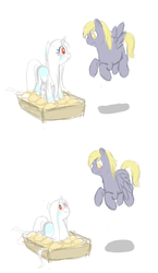 Size: 334x575 | Tagged: safe, artist:celerypony, derpy hooves, oc, oc:celery, pegasus, pony, unicorn, g4, female, mare, muffin