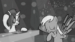 Size: 704x396 | Tagged: safe, artist:ralek, derpy hooves, dj pon-3, vinyl scratch, pegasus, pony, g4, animated, dancing, female, gif, hoofy-kicks, mare, monochrome, muffin, party hard, turntable, youtube link