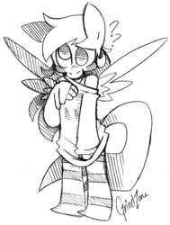 Size: 500x663 | Tagged: safe, artist:grindzone, derpy hooves, anthro, g4, black and white, bra, clothes, delicious flat chest, derpy flat, female, hand on chest, hatching (technique), looking at you, monochrome, no catchlights, no pupils, off shoulder, pegasus wings, pencil drawing, question mark, shirt, signature, simple background, sketch, socks, solo, spread wings, striped socks, sweater, t-shirt, traditional art, underwear, white background, wings