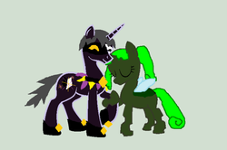 Size: 600x399 | Tagged: safe, artist:deathauther, artist:silverstarlite, changeling, pony, unicorn, changelingified, crossover, dimentio, green changeling, mimi, nintendo, paper mario, ponified, super mario bros., super paper mario, video game