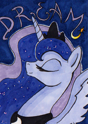 Size: 250x350 | Tagged: dead source, safe, artist:nikkiwardart, princess luna, alicorn, pony, g4, card, eyes closed, female, mare, solo, text