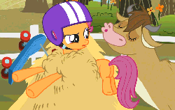 Size: 728x462 | Tagged: safe, artist:superedit, edit, edited screencap, screencap, bessie, scootaloo, cow, pegasus, pony, g4, sleepless in ponyville, animated, butt, female, filly, flexing, hay, helmet, muscles, plot, scootabutt, scooter, strongaloo, wat