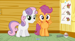 Size: 847x466 | Tagged: safe, screencap, scootaloo, sweetie belle, pony, g4, one bad apple, doom, youtube caption