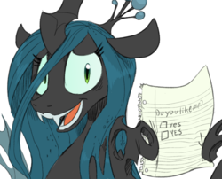 Size: 741x600 | Tagged: safe, artist:sunibee, queen chrysalis, changeling, changeling queen, g4, bronybait, female, gravity falls, hoof hold, male, note, open mouth, solo, voting