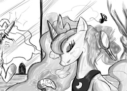 Size: 700x500 | Tagged: safe, artist:tan, princess celestia, princess luna, gamer luna, g4, brush, grayscale, magic, makeover, monochrome, pixiv, reflection, singing