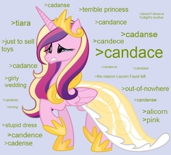 Size: 700x634 | Tagged: safe, princess cadance, alicorn, pony, g4, /mlp/, 4chan, abuse, caddybuse, caption, clothes, crying, disembodied thoughts, dress, female, frown, go to sleep sombra, greentext, image macro, implied shining armor, lip bite, mare, sad, solo, text, verbal abuse, woobie, worst pony