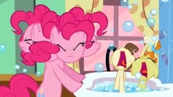 Size: 521x293 | Tagged: safe, screencap, pinkie pie, pound cake, pumpkin cake, baby cakes, g4, season 2, baby, baby pony, bathtub, bubble, cake twins, crying, crying babies, great moments in animation, siblings, smear frame, twins, wat