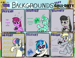 Size: 3290x2550 | Tagged: safe, artist:redapropos, berry punch, berryshine, bon bon, derpy hooves, dj pon-3, lyra heartstrings, octavia melody, sweetie drops, vinyl scratch, earth pony, pegasus, pony, unicorn, g4, background six, belly, bipedal, bon bon is not amused, call of duty, call of duty: black ops 2, eyes closed, female, gaming, magic, mare